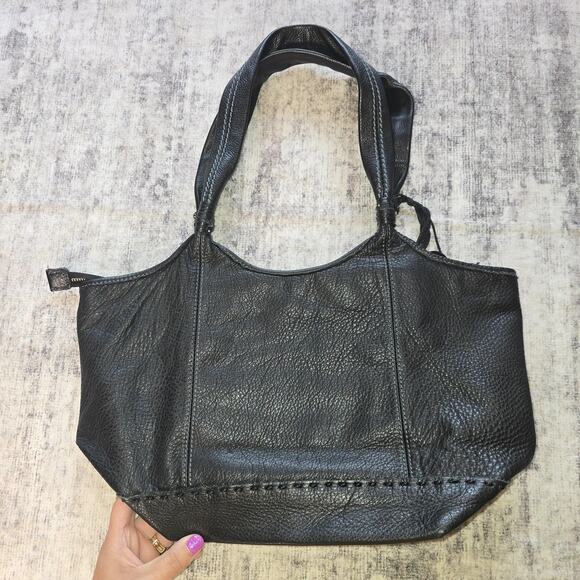 The Sak Tote Bag Womens Black Leather Zip Top Shoulder Purse Boho Beaded Accent - Picture 7 of 14